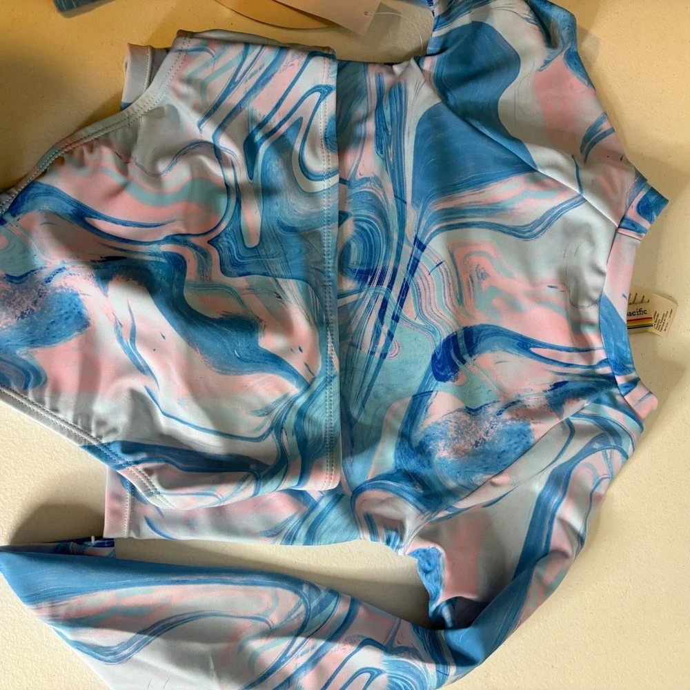 Ocean Pacific Girls‎ 5 Blue Pink Marble Rash Guard Swimsuit Set NEW